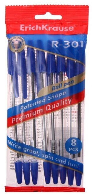 Набор ручек шариковых 8шт ErichKrause R-301 Classic Stick 1.0мм, цвет чернил синий. в пакете 9560175