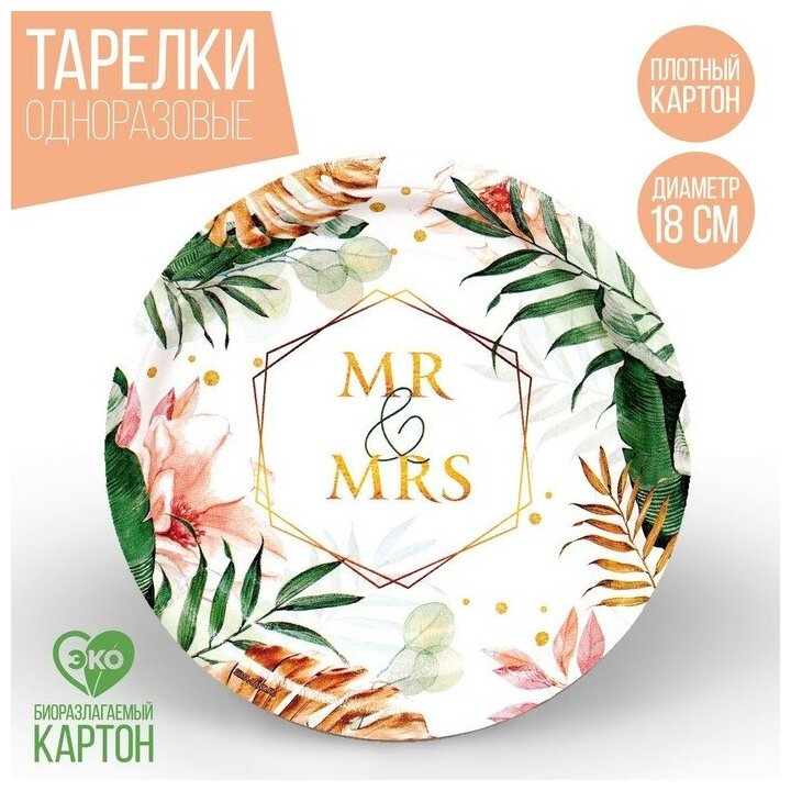 Тарелка бумажная MR&MRS, набор 6 шт, 18 см