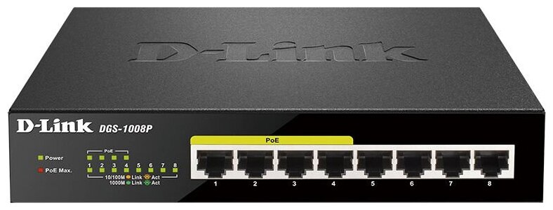 D-Link DGS-1008P/E1A Неуправляемый коммутатор с 8 портами 10/100/1000Base-T (4 порта PoE 802.3af/at, PoE-бюджет 80 Вт)