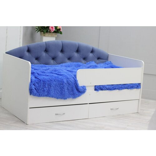 Детская кровать Сказка-Lite (белая) с мягким синим элементом