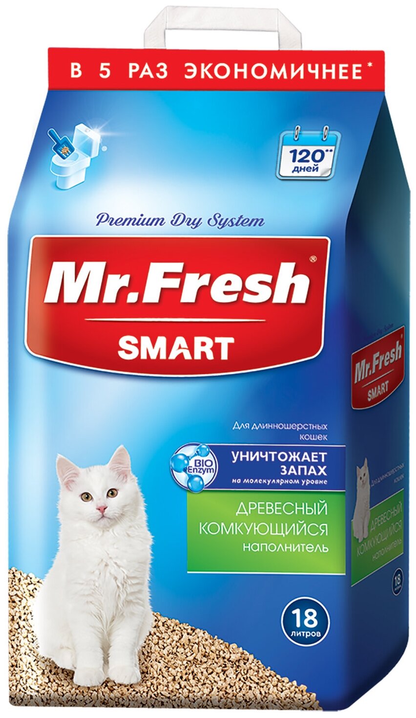 Комкующийся наполнитель Mr. Fresh Smart древесный для длинношерстных кошек, 9л - фотография № 2