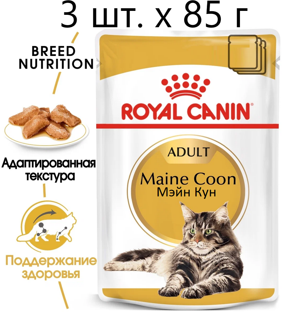Влажный корм для кошек Royal Canin Maine Coon Adult, для взрослых кошек породы мейн-кун, 3 шт. х 85 г (кусочки в соусе)