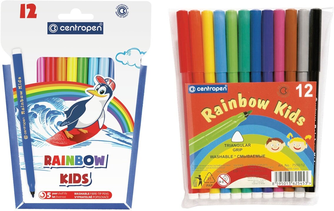 Фломастеры Centropen "Rainbow Kids", 12цв, трехгранные, смываемые, ПВХ
