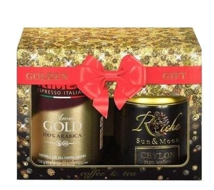 Набор подарочный Kimbo Golden Gift: кофе молотый Kimbo Gold 250 г + Чай Riche Natur "Цейлон" 100 г - фото №1