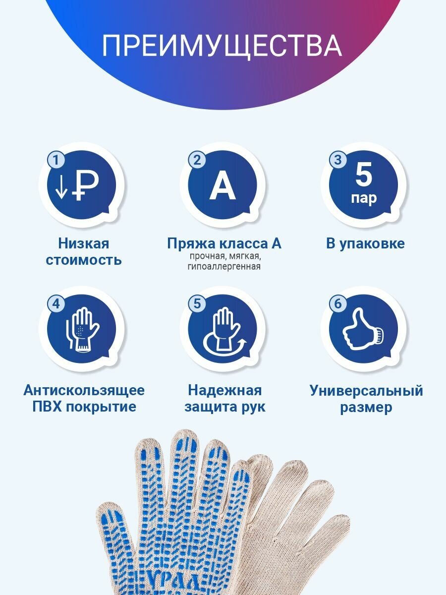 Перчатки рабочие хлопковые для защиты рук, для работы в саду, с ПВХ покрытием "Протектор-Урал", белые 5 пар, №17 - фотография № 2