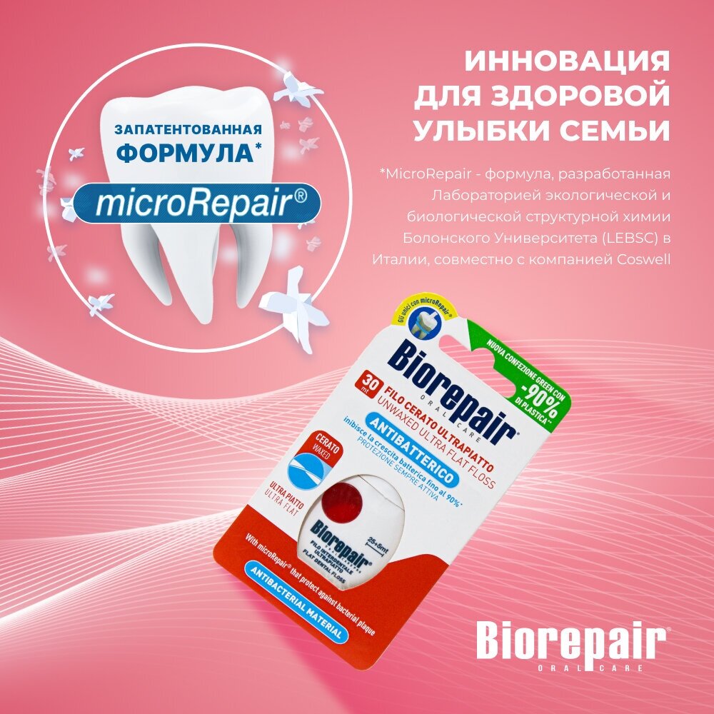 Biorepair Ультраплоская зубная нить с воском для чувст.зубов Ultra-Flat Waxed Floss, 30м (Biorepair, ) - фото №10