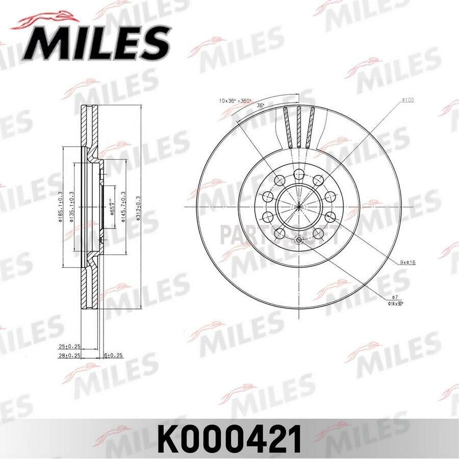 MILES K000421 Диск тормозной передний вентилируемый AUDI TT/SKODA OCTAVIA/VW BORA/GOLF IV/V D=312 мм. (ISO 9001).