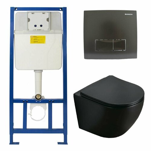 Готовый набор подвесного унитаза: инсталляция Sanica с черной панелью смыва + унитаз Azario Grado AZ-0046-MB SP