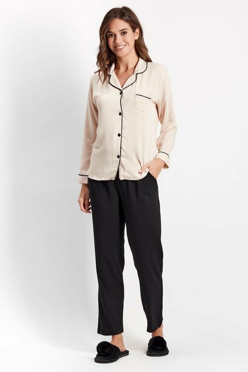 Пижама Anabel Arto, брюки, рубашка, длинный рукав, пояс на резинке, карманы, размер 48, черный, бежевый