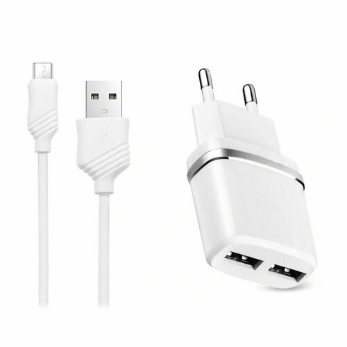 Зарядка USBх2 5V 12W 2,4A HOCO C12 Smart Dual + кабель MicroUSB белый