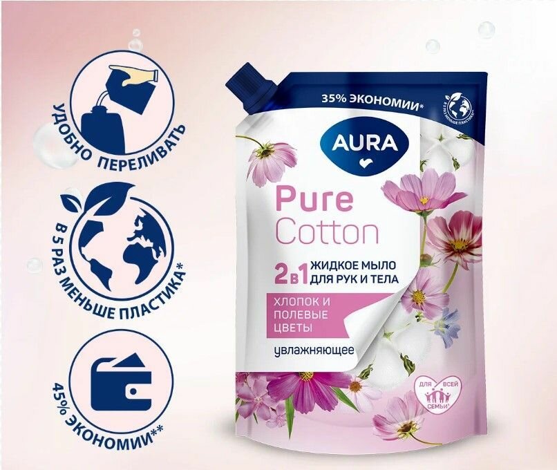 Питательное крем-мыло для рук и тела Pure Cotton с экстрактами хлопка и овсяного молочка, 850 мл AURA - фото №10