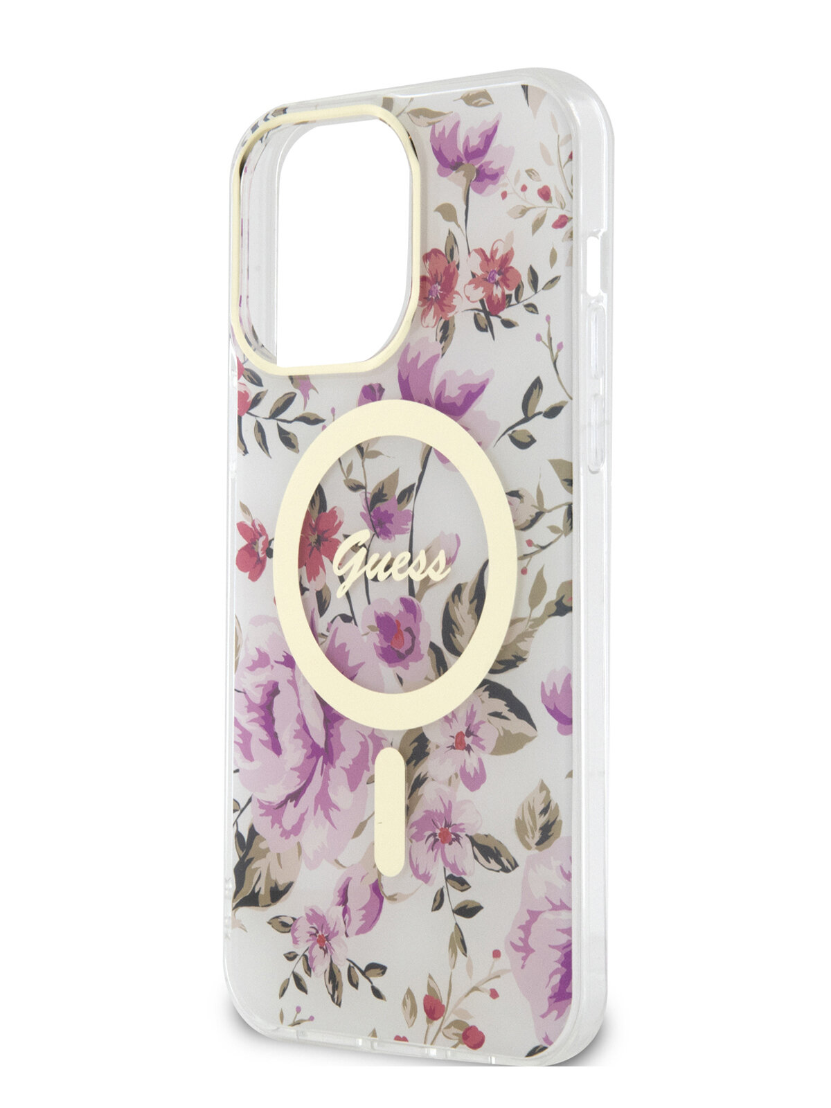 Guess для iPhone 15 Pro чехол PC/TPU Flower Hard Transp/Gold (MagSafe)