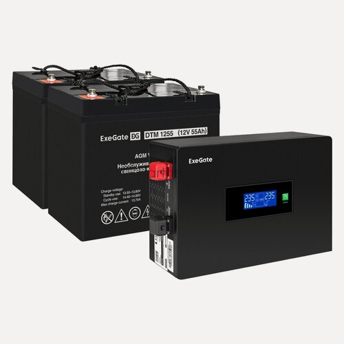 Изображение товара Комплект ИБП EX295994RUS + батарея 55Aч EX285667RUS 2шт (инвертор, синус, для котла, PF=1, настенный) ExeGate IdealSine SR-1500. LCD.2SH + батарея ExeGate DTM 1255