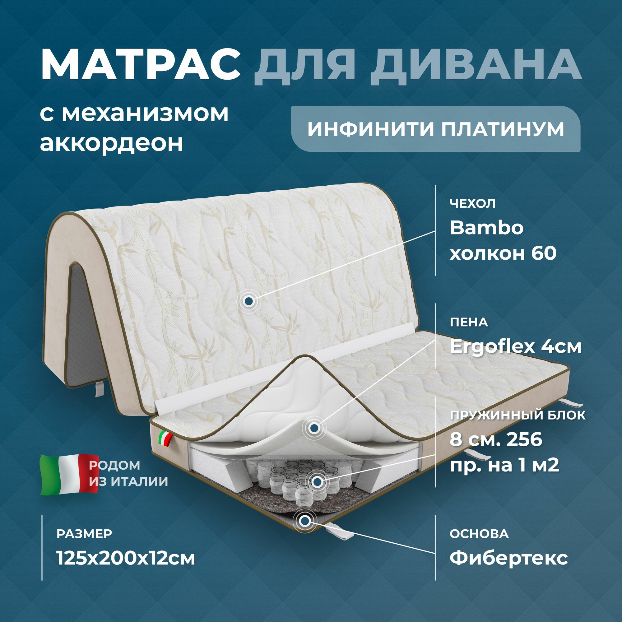 Матрас для дивана аккордеон 125х137х12, 125х62х12 см.(125х200х12), анатомический Инфинити Платинум с пружинным блоком