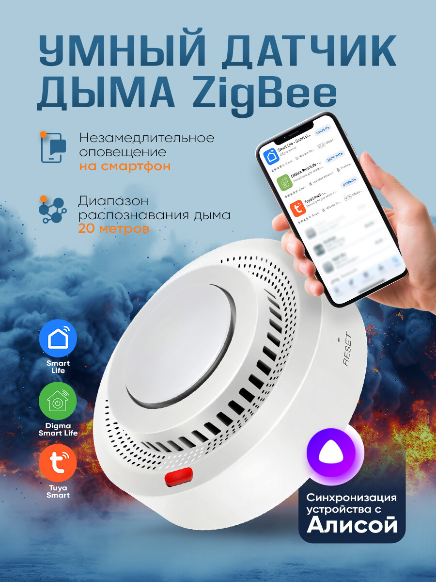 Zigbee умный датчик дыма пожарный извещатель белый умный дом