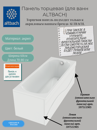 Изображение товара Панель торцевая (для прямых ванн ALTBACH), правая/левая, белая