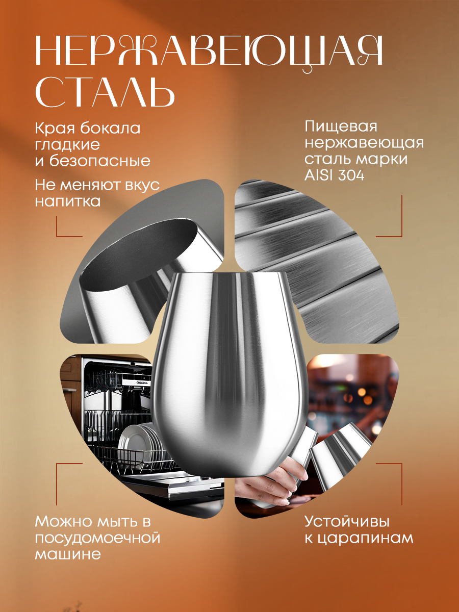 Бокал для воды металлический серебристый из нержавеющей стали 500мл — фото 1