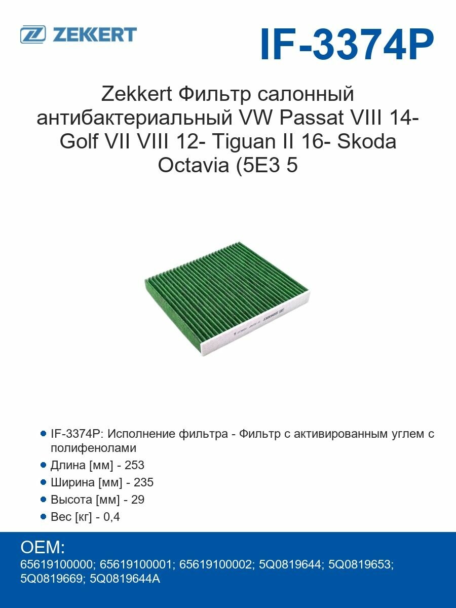 Zekkert Фильтр салонный антибактериальный VW Passat VIII 14- Golf VII VIII 12- Tiguan II 16- Skoda Octavia (5E3 5