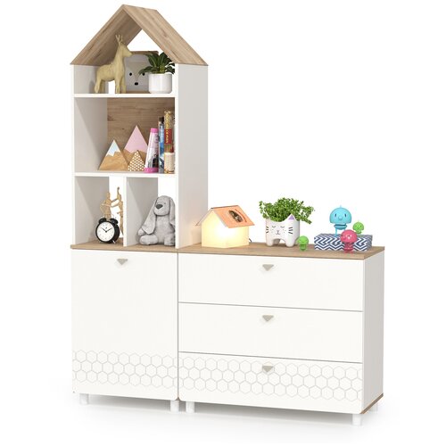 Стеллаж с комодом на три ящика Эйп, цвет белый/дуб белый, ШхГхВ 138х41,5х183,8 см, универсальная сборка