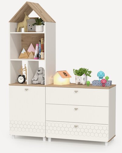 Изображение товара Стеллаж с комодом на три ящика Моби Эйп, цвет белый/дуб белый, 138х41,5х183,8 см, ун. сб.