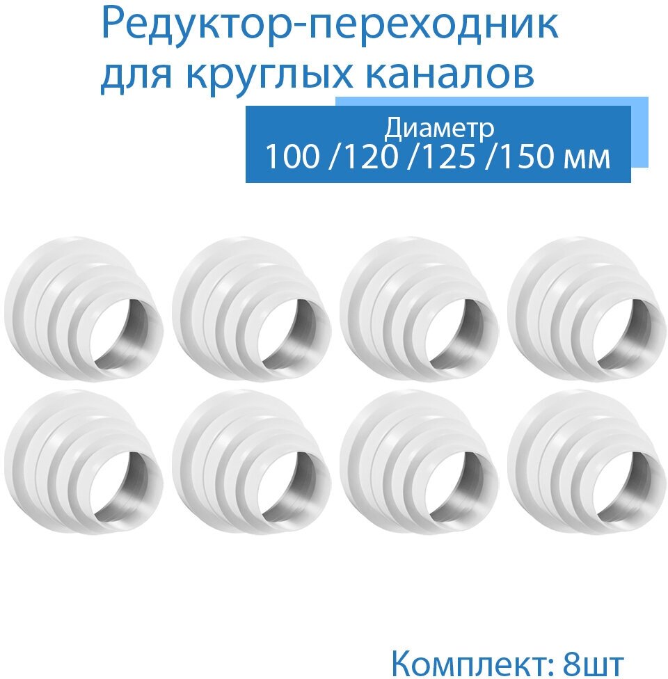 Переходник универсальный 80 / 100 / 120 / 125 / 150 мм, редуктор многоступенчатый, 8 шт, РМ-8, белый, воздуховод, ПВХ - фотография № 1