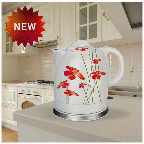 Электрический чайник керамический чайник с рисунком для дома объем 15 л защита от перегрева для дома офиса белый красный с цветами 372900₽
