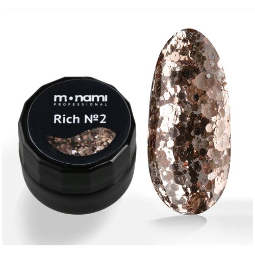 Гель-лак Monami Rich №2 с бронзовыми блестками разного размера, 5г