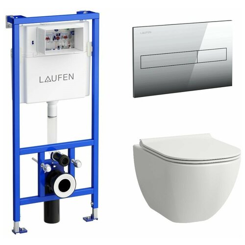 BASAL VPACK Laufen унитаз подвесной RIMLESS, С сиденьем SQ, 530X360 ММ, белый,+ рама И клавиша, хром