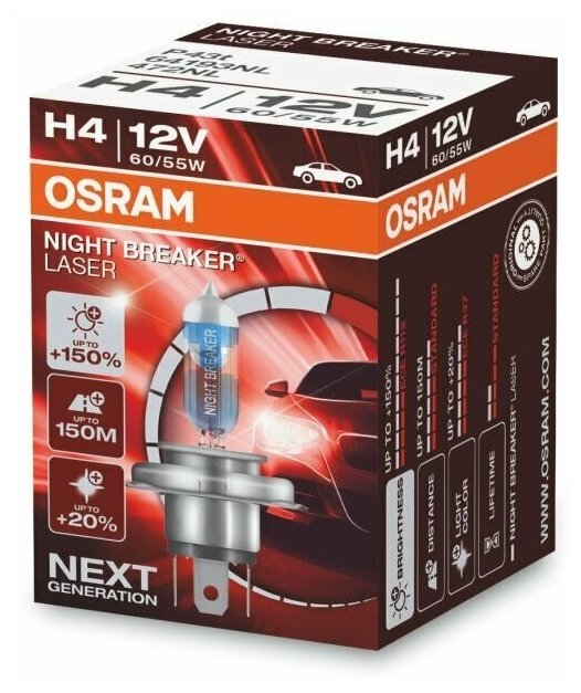 Лампа галогенная OSRAM H4 60/55W P43t+150% Night Breaker Laser 4050K 12V 64193NL