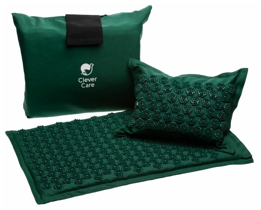 Набор: коврик и подушка акупунктурные CleverCare с сумкой для хранения и переноски, цвет зеленый с зелеными иглами