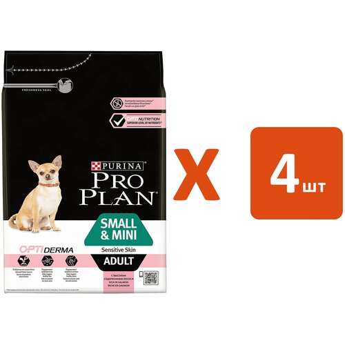 PRO PLAN ADULT DOG OPTIDERMA SMALL & MINI SENSITIVE SKIN для взрослых собак маленьких пород с чувствительной кожей с лососем и рисом (3 кг х 4 шт)