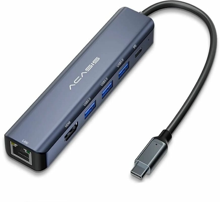 Док-станция Acasis DS-7HN6 6 в 1 с кабелем 25см, Type-C to HDMI + USB3.0 x 3 + PD 100 Вт, темно-серый