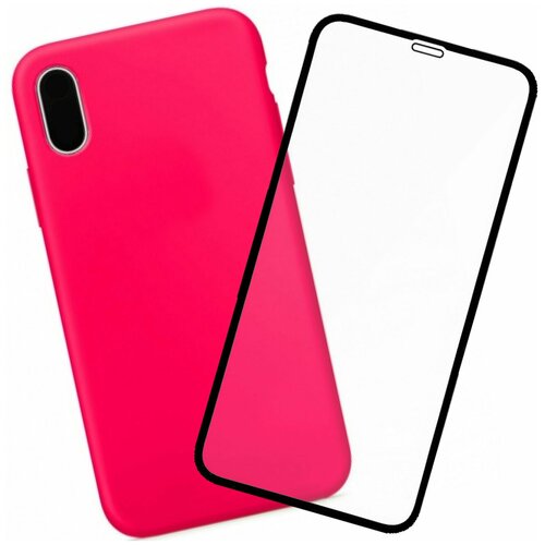 Чехол силиконовый для iPhone XR 6.1" Full case series ярко-розовый, комплект со стеклом 3D Tiger Glass