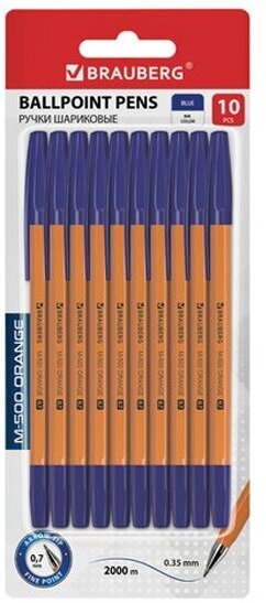 Ручки шариковые Brauberg "M-500 ORANGE", набор 10 шт, синие, узел 0,7мм, линия 0,35мм, 143951