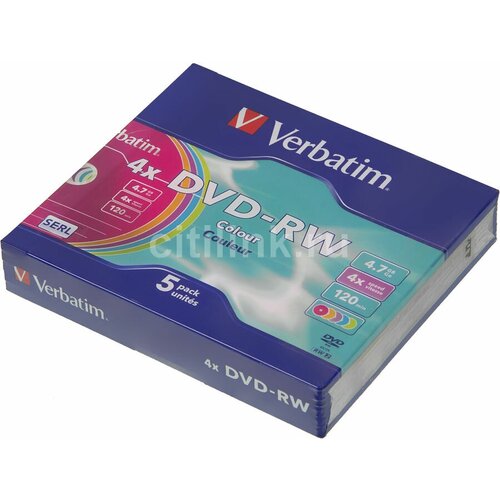 оптический диск verbatim dvd rw 4 7 gb 4x jewel case 5 шт Оптический диск DVD-RW VERBATIM 4.7Гб 4x, 5шт, slim case, разноцветные [43563]