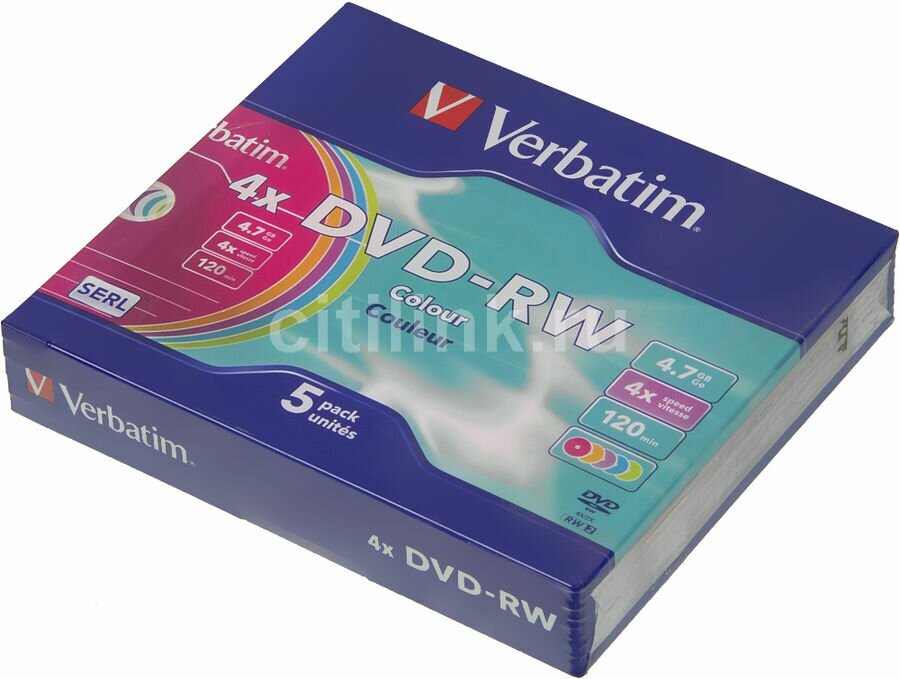 Оптический диск DVD-RW VERBATIM 4.7Гб 4x, 5шт, slim case, разноцветные [43563]