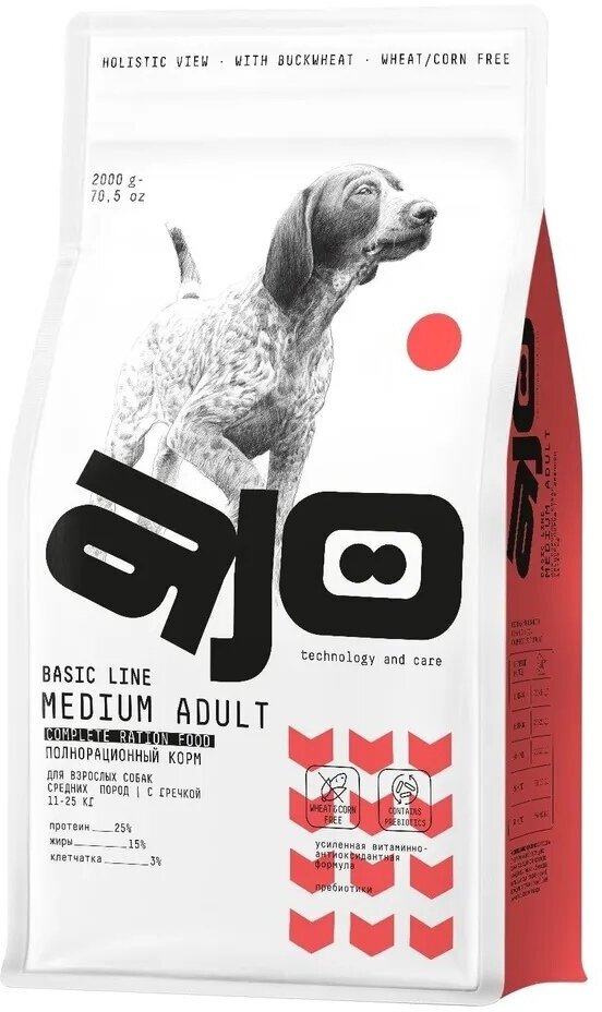 AJO Dog Medium Adult Сухой корм для собак средних пород, Говядина и Гречка 12кг