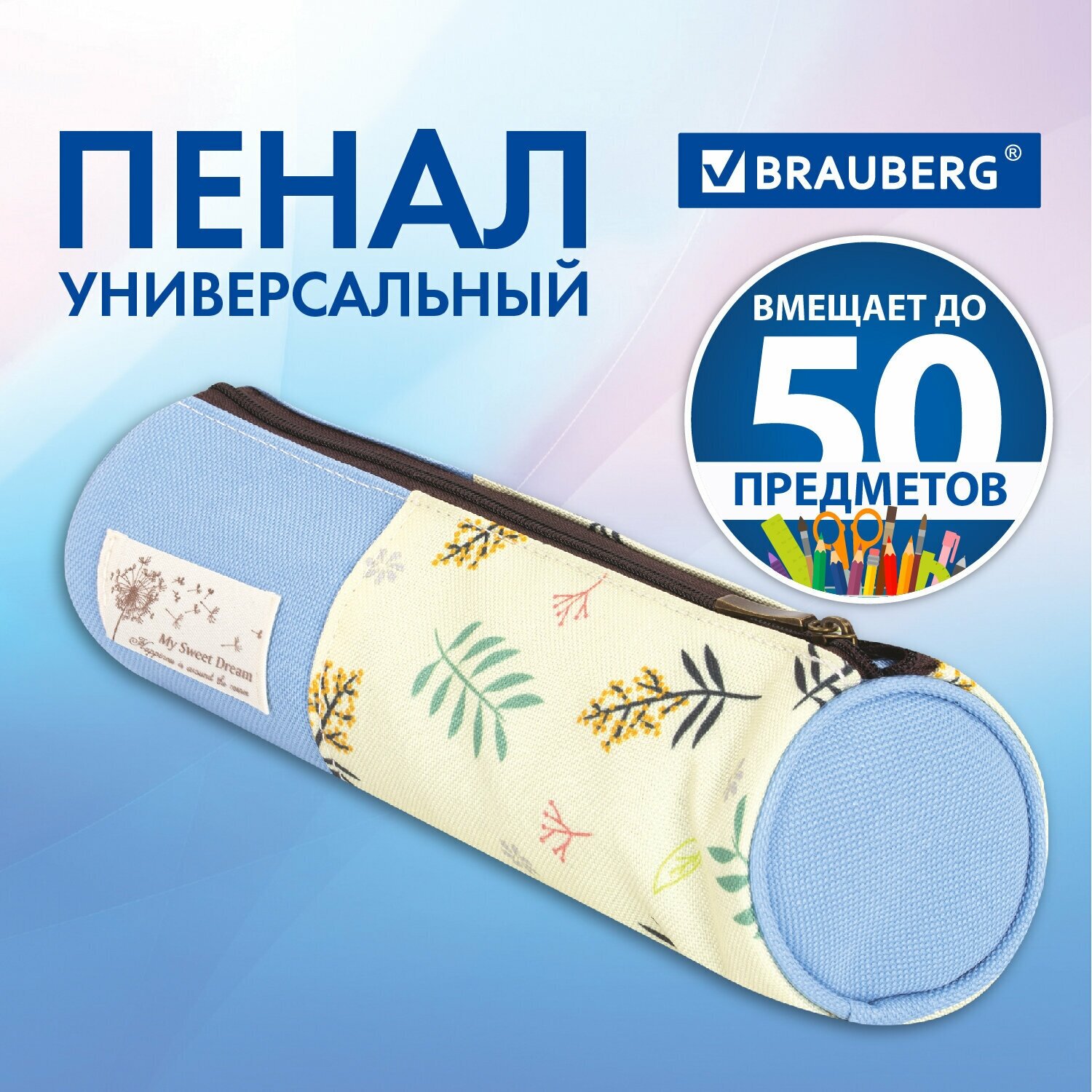 Пенал-тубус BRAUBERG, 1 отделение, полиэстер, Dream, голубой, 20х7 см, 270266