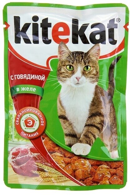 Корм влажный для кошек KiteKat 85г говядина в желе пауч, 28 шт - фотография № 2