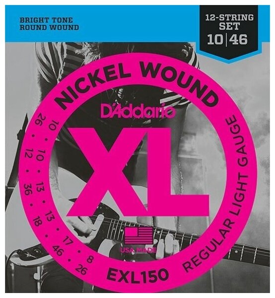 EXL150 Nickel Wound Комплект струн для 12-струнной электрогитары, Regular Light, 10-46, DAddario