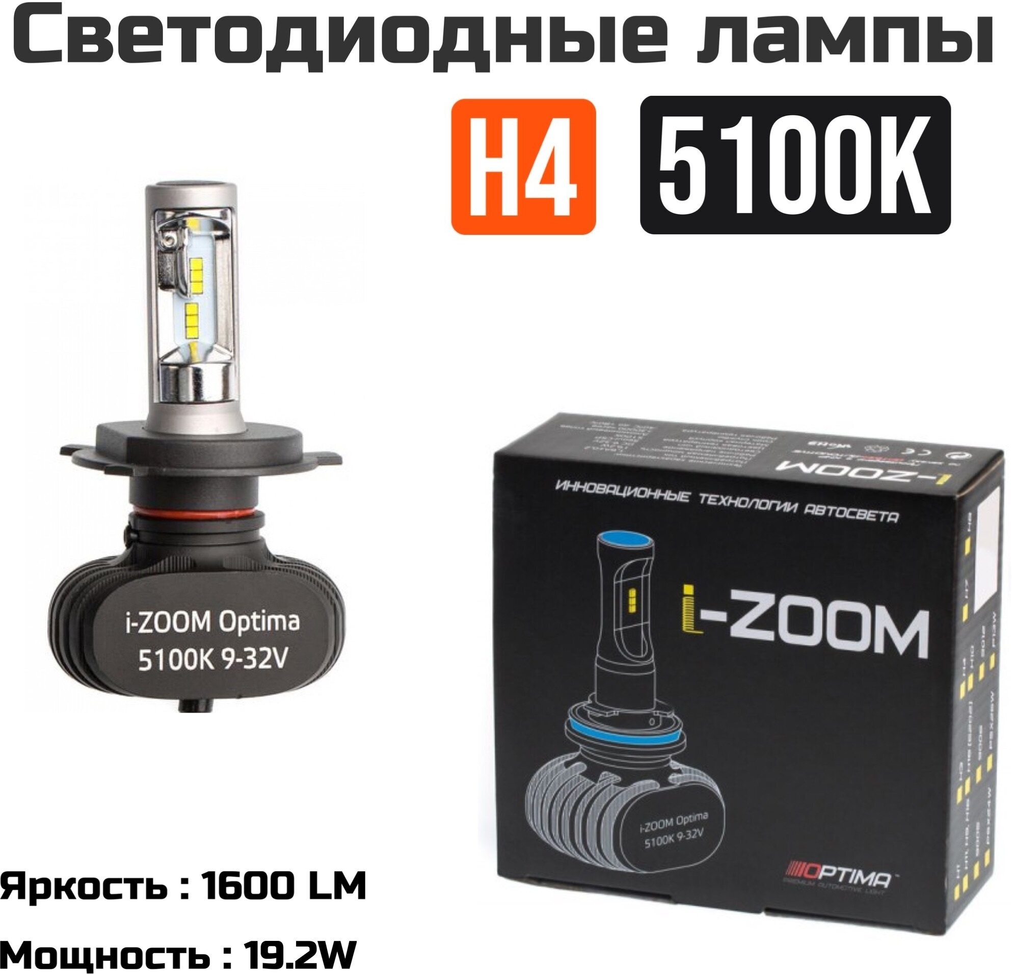 Светодиодные автомобильные лампы Optima LED i-zoom H4 5100K