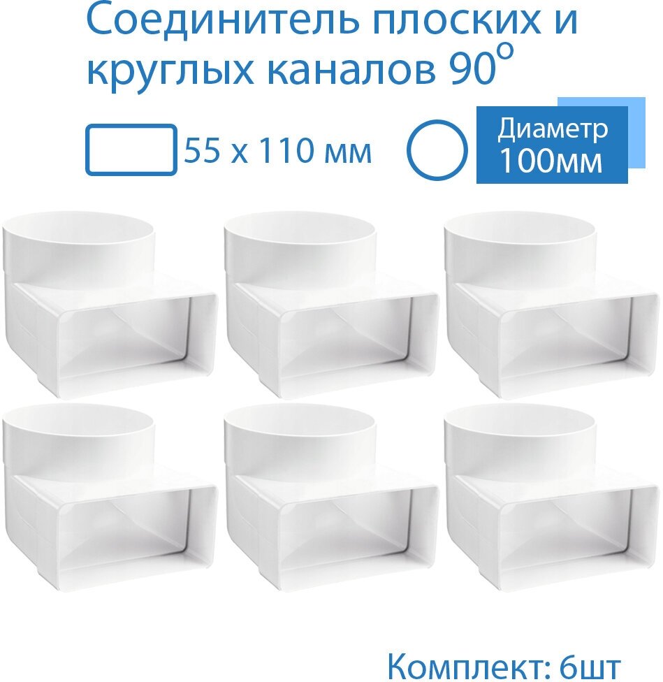 Колено угловое соединительное плоское круглое 55 х 110 мм / d 100 мм 6 шт 521-6 белый воздуховод ПВХ