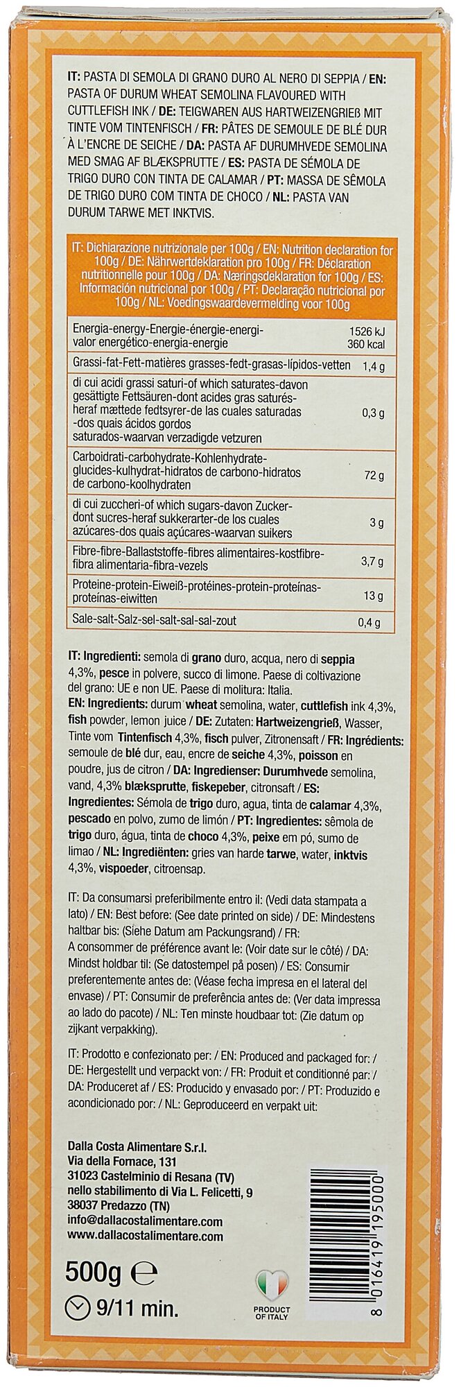 Спагетти нери "Dalla Costa" с чернилами каракатицы (0,500 кг) карт. кор. - фотография № 2