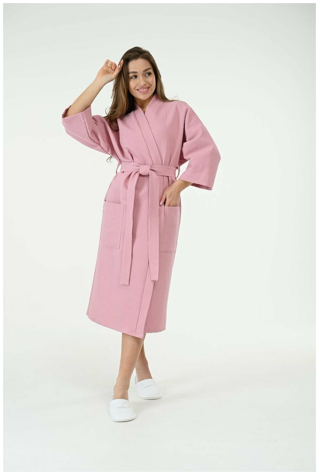 Вафельный халат Кимоно унисекс "Ромбы", пудрово-розовый. Размер 50-52 - фотография № 6