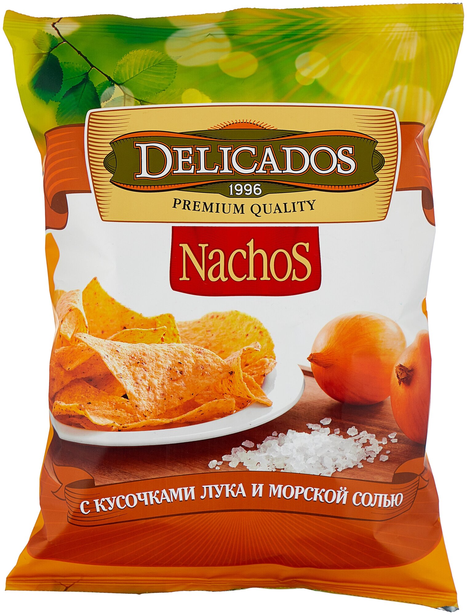 Чипсы кукурузные Delicados Nachos с луком и морской солью пак 150г