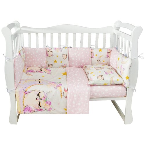фото Комплект в кроватку 15 предметов (3+12 подушек-бортиков) amarobaby сонные совушки, белый/розовый (поплин)