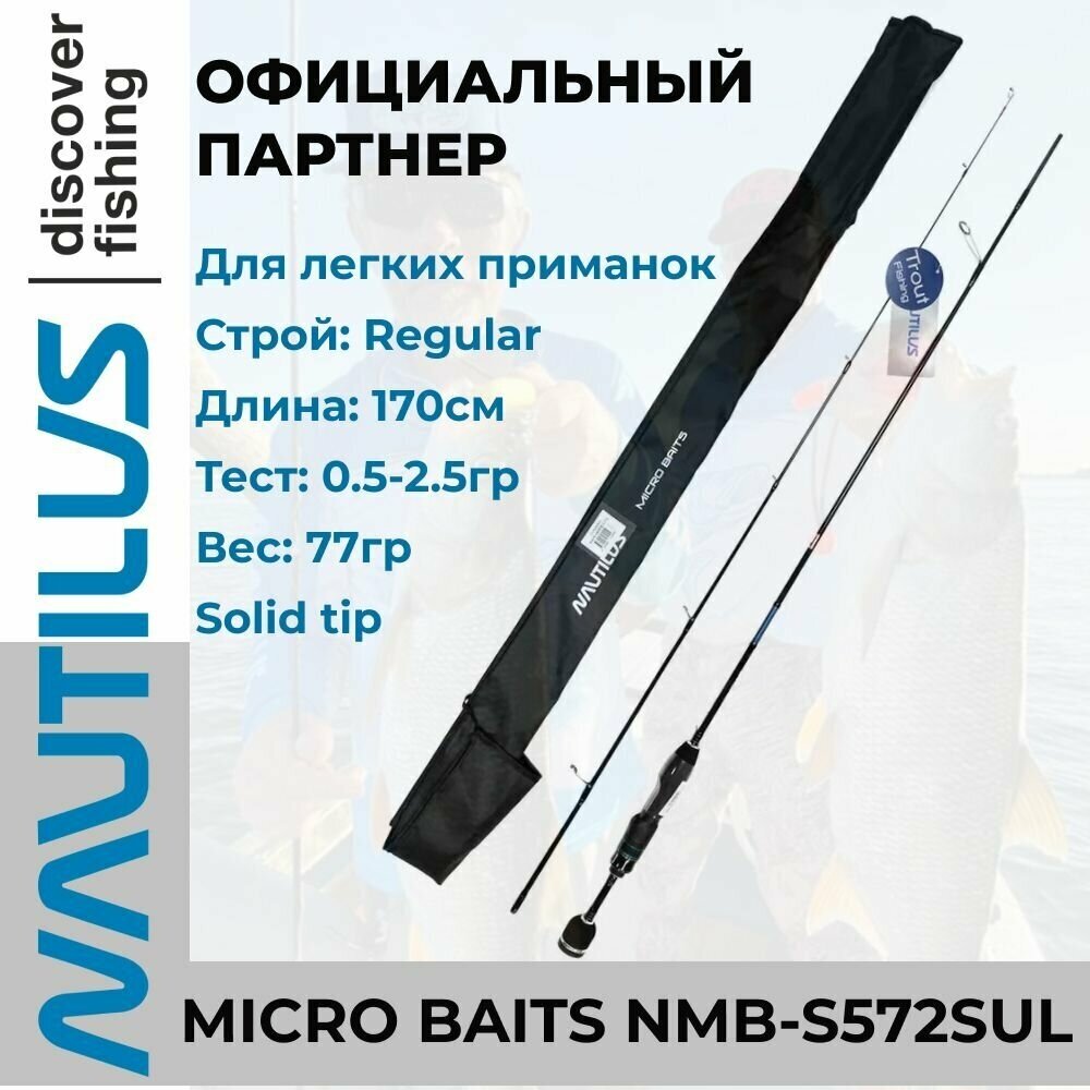 Удилище спиннинговое Nautilus Micro Baits NMB-S572SUL 170см 0.5-2.5гр / спиннинг / удочка для летней рыбалки