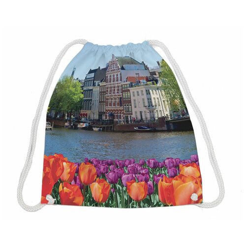 фото Сумка рюкзак-мешок joyarty "городской пейзаж с тюльпанами" для обуви и вещей, 38x40 см