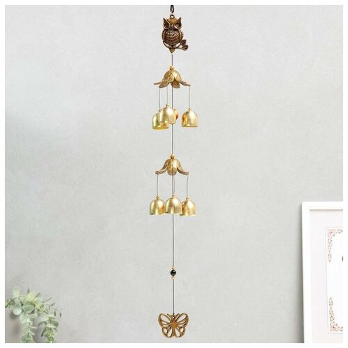 Музыка ветра металл Филин на ветке 6 колокольчиков 60 см 1072₽