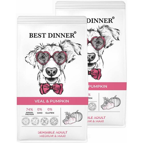 BEST DINNER DOG ADULT MEDIUM & MAXI SENSIBLE для взрослых собак средних и крупных пород с чувствительным пищеварением с телятиной и тыквой (3 + 3 кг) zooring medium adult dog для взрослых собак средних пород с телятиной и рисом 2 кг